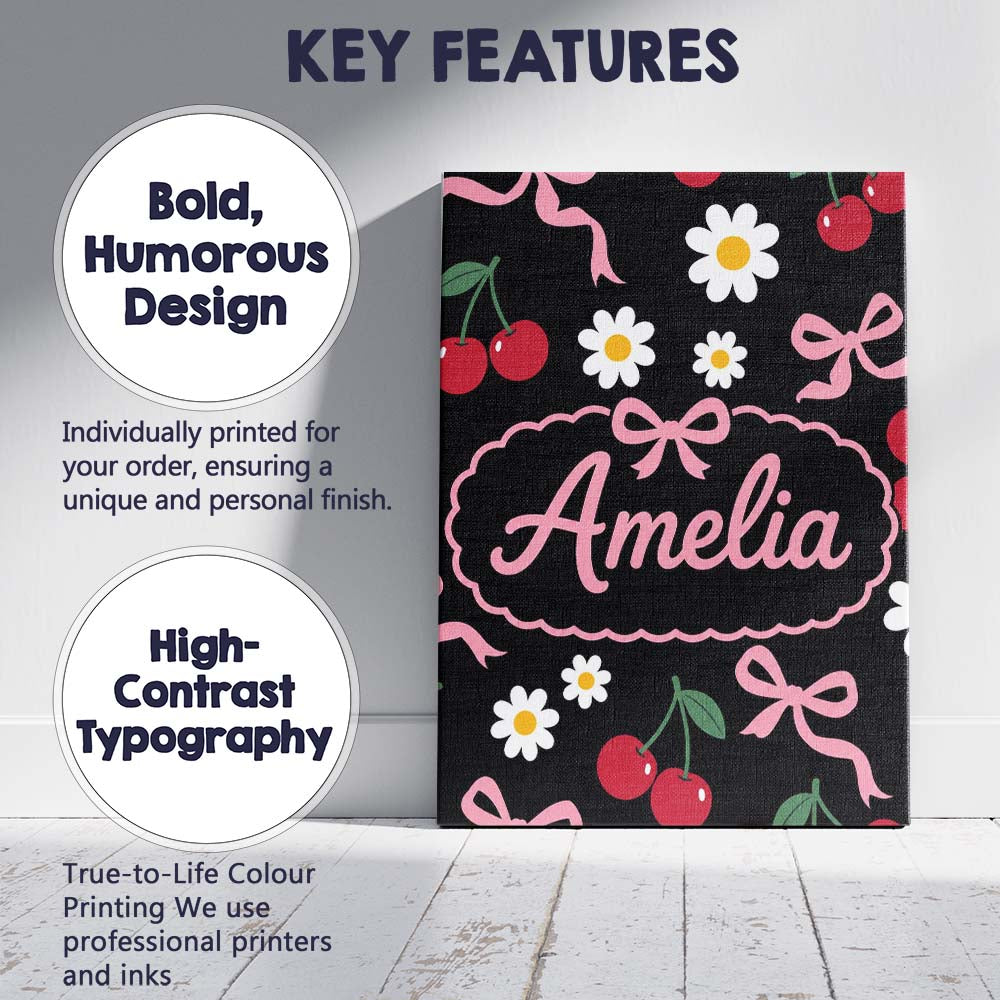 Personalised Name Cute Cherry Bow and Daisy Custom  Bespoke Interior Contemporary Canvas Wall Art Print Decor Picture Ready to Hang
