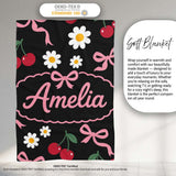 Cute Cherry Bow and Daisy Seamless Pattern on White Grey Lovely  Personalised Custom Name Super Soft Fleece Blanket Bed Sofa Throw