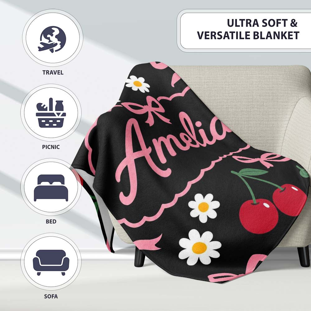 Cute Cherry Bow and Daisy Seamless Pattern on White Grey Lovely  Personalised Custom Name Super Soft Fleece Blanket Bed Sofa Throw
