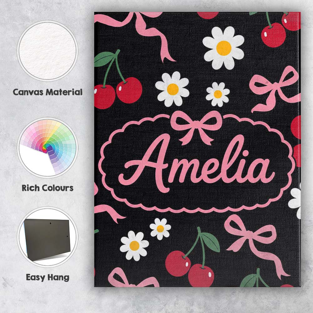 Personalised Name Cute Cherry Bow and Daisy Custom  Bespoke Interior Contemporary Canvas Wall Art Print Decor Picture Ready to Hang