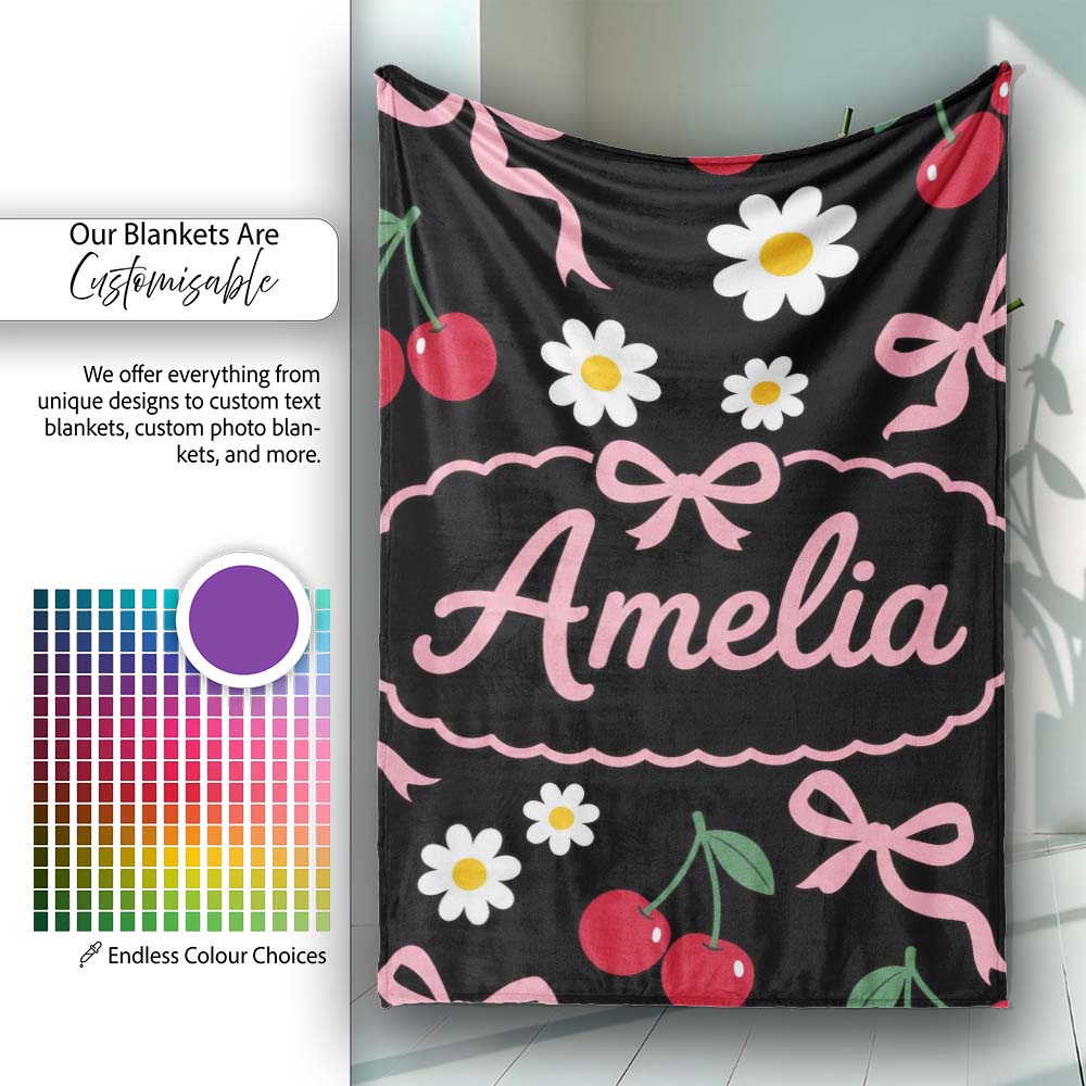 Cute Cherry Bow and Daisy Seamless Pattern on White Grey Lovely  Personalised Custom Name Super Soft Fleece Blanket Bed Sofa Throw