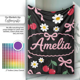 Cute Cherry Bow and Daisy Seamless Pattern on White Grey Lovely  Personalised Custom Name Super Soft Fleece Blanket Bed Sofa Throw