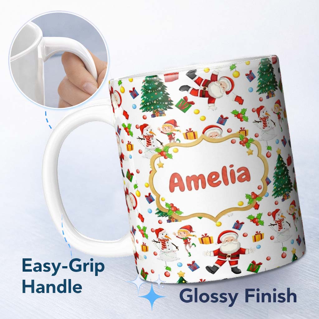 Personalized Custom Name Santa Snowman Christmas Tree Gift Seamless Pattern Design Holiday 11oz Ceramic Coffee Tea Mug White Large Handle