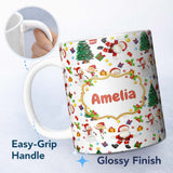 Personalized Custom Name Santa Snowman Christmas Tree Gift Seamless Pattern Design Holiday 11oz Ceramic Coffee Tea Mug White Large Handle
