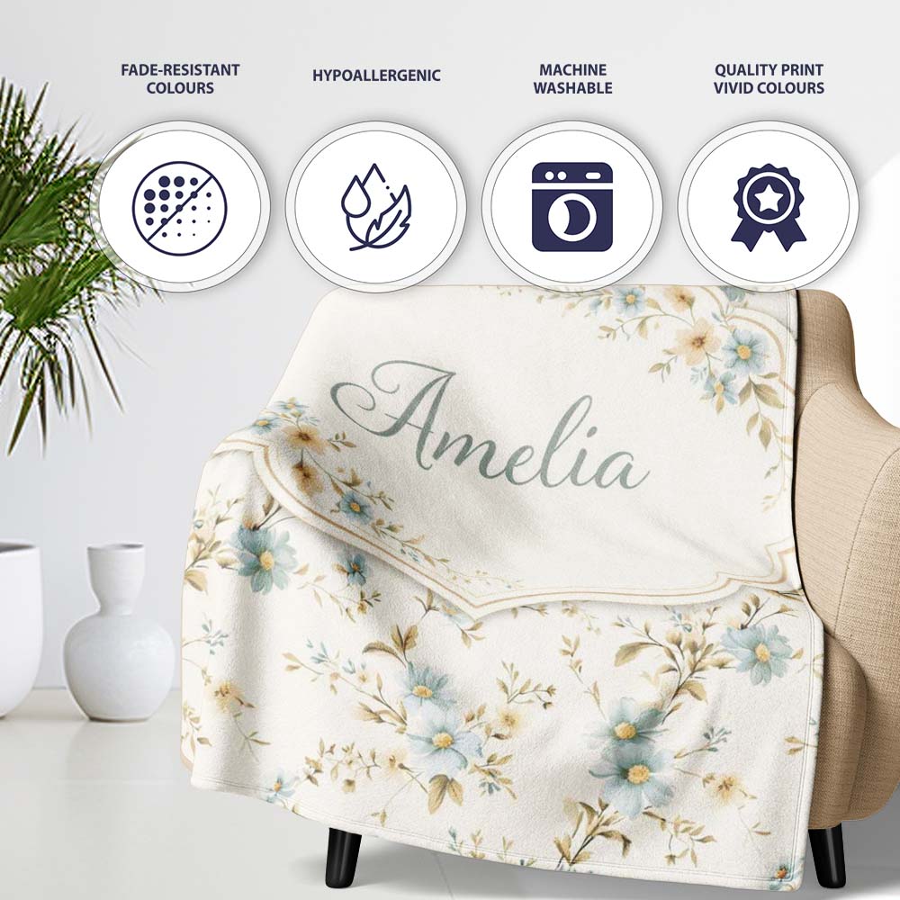 Blue Floral Vintage Blossom Pattern Cream Background Seamless Lovely  Personalised Custom Name Super Soft Fleece Blanket Bed Sofa Throw