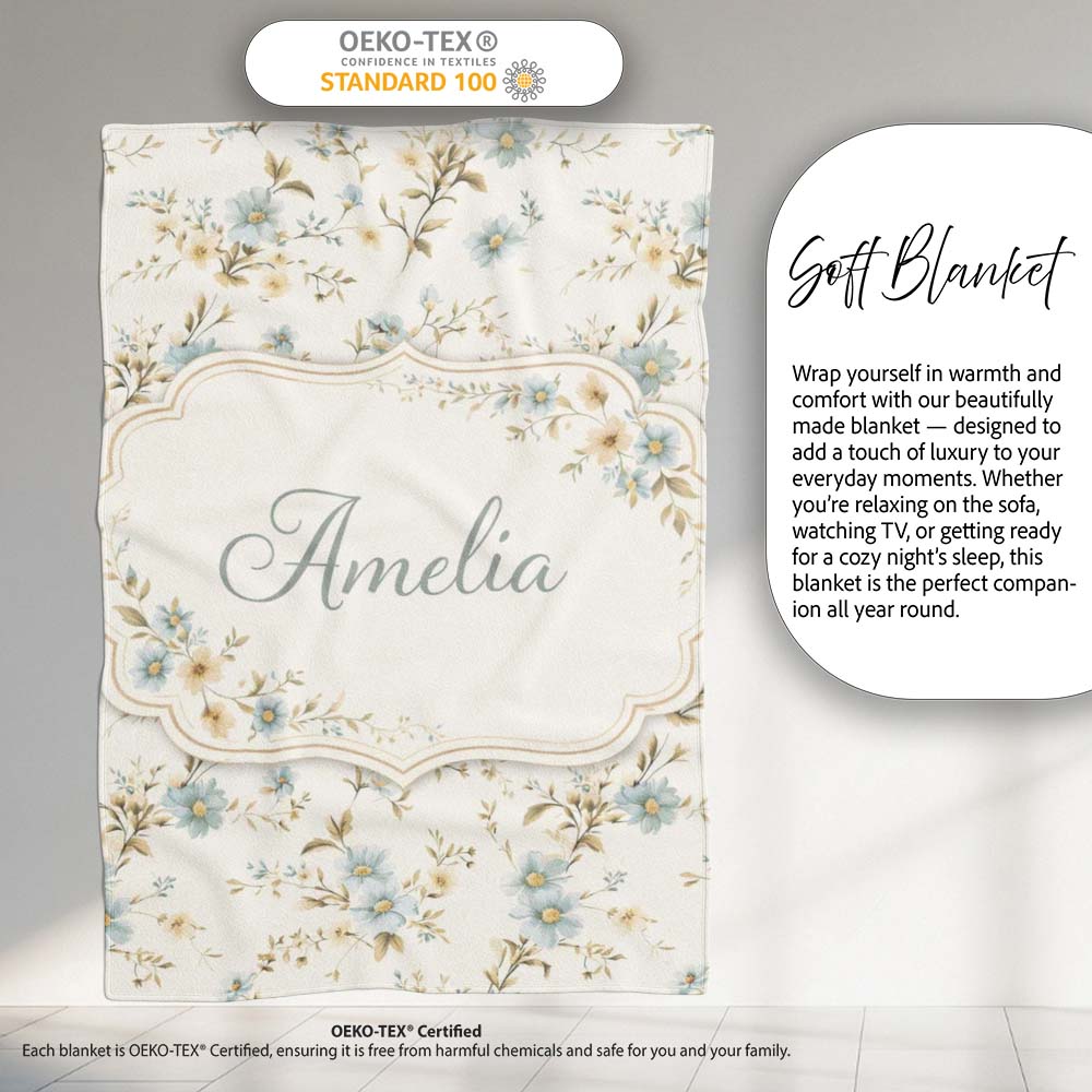 Blue Floral Vintage Blossom Pattern Cream Background Seamless Lovely  Personalised Custom Name Super Soft Fleece Blanket Bed Sofa Throw