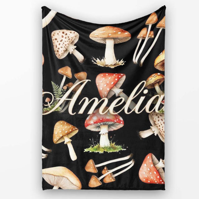 Watercolor Woodland Mushroom Botanical Seamless Pattern Lovely  Personalised Custom Name Super Soft Fleece Blanket Bed Sofa Throw