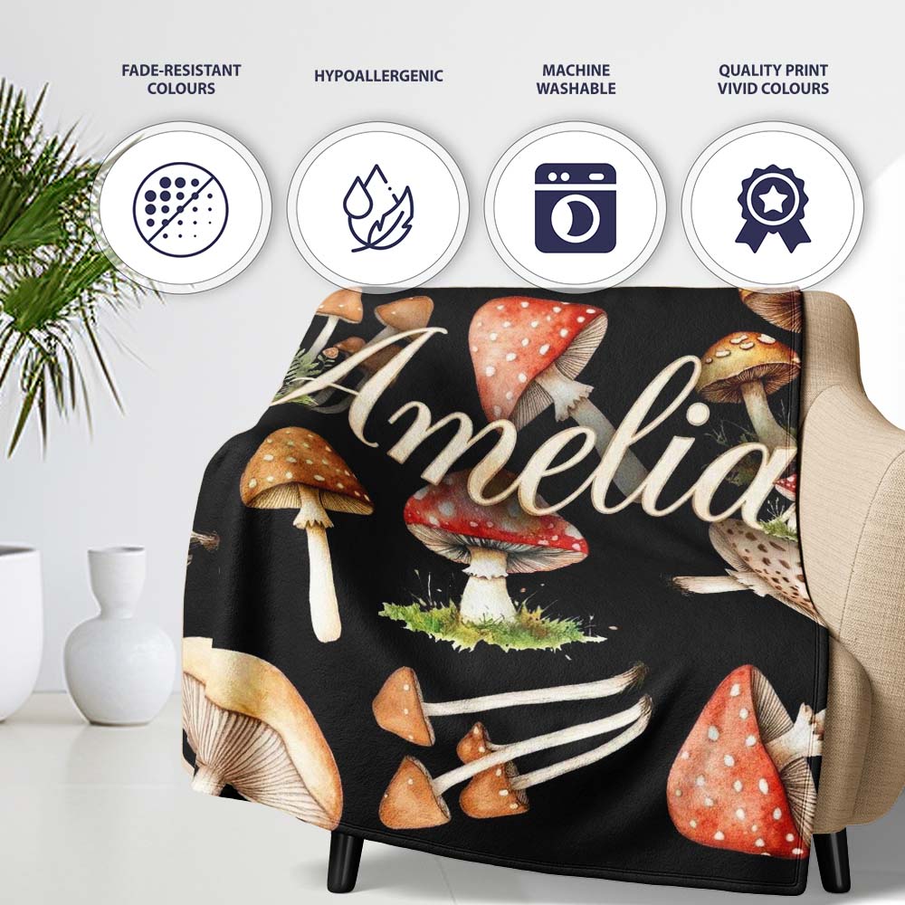 Watercolor Woodland Mushroom Botanical Seamless Pattern Lovely  Personalised Custom Name Super Soft Fleece Blanket Bed Sofa Throw