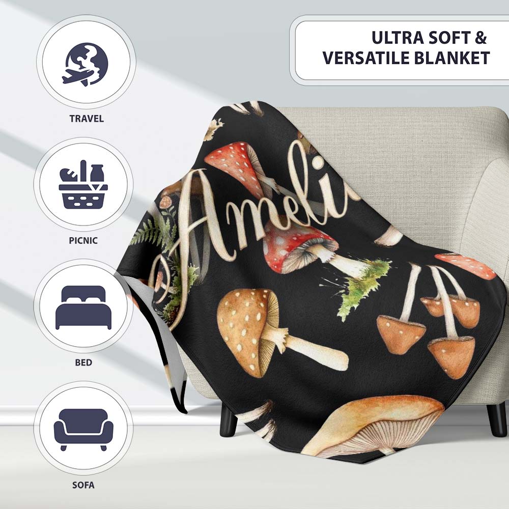 Watercolor Woodland Mushroom Botanical Seamless Pattern Lovely  Personalised Custom Name Super Soft Fleece Blanket Bed Sofa Throw
