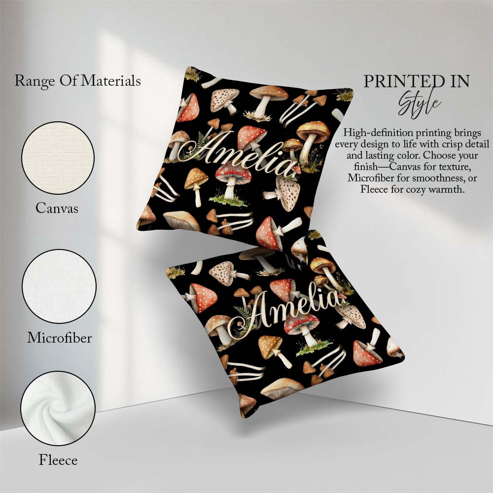 Custom Name Watercolor Woodland Mushroom Seamless Pattern Lovely Square Filled Cushion Throw Pillow Sofa Bed Home Decor Zip Washable UK Made