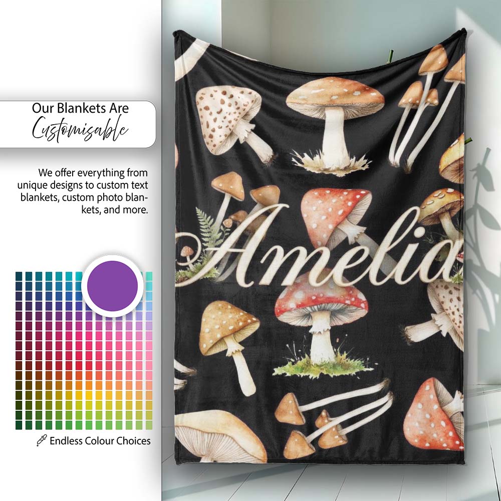 Watercolor Woodland Mushroom Botanical Seamless Pattern Lovely  Personalised Custom Name Super Soft Fleece Blanket Bed Sofa Throw