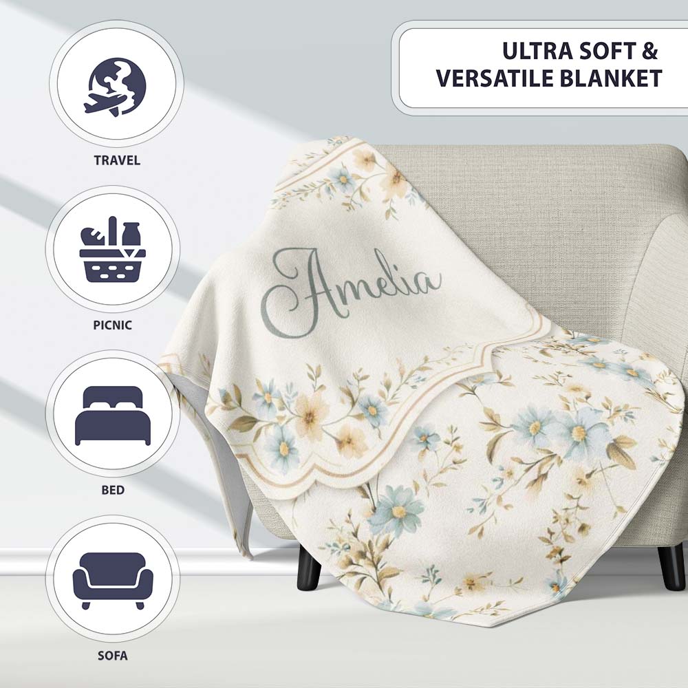 Blue Floral Vintage Blossom Pattern Cream Background Seamless Lovely  Personalised Custom Name Super Soft Fleece Blanket Bed Sofa Throw