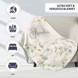 Blue Floral Vintage Blossom Pattern Cream Background Seamless Lovely  Personalised Custom Name Super Soft Fleece Blanket Bed Sofa Throw