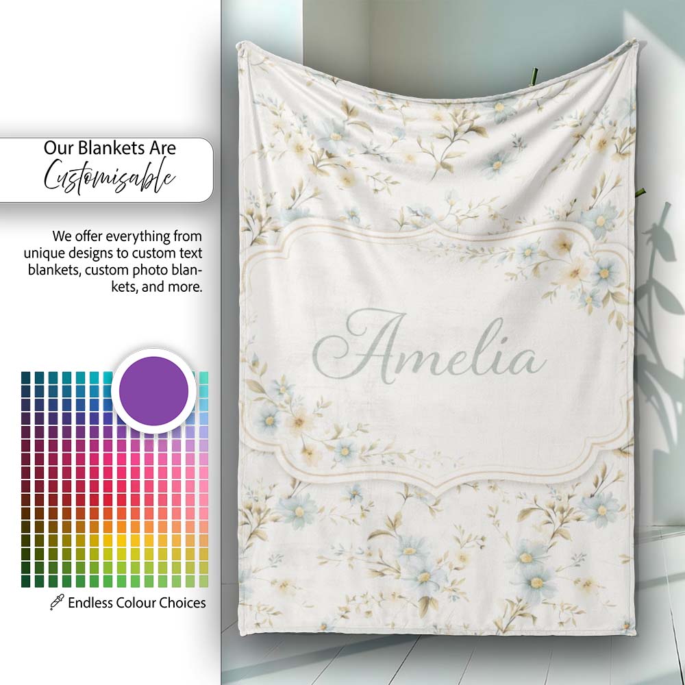 Blue Floral Vintage Blossom Pattern Cream Background Seamless Lovely  Personalised Custom Name Super Soft Fleece Blanket Bed Sofa Throw