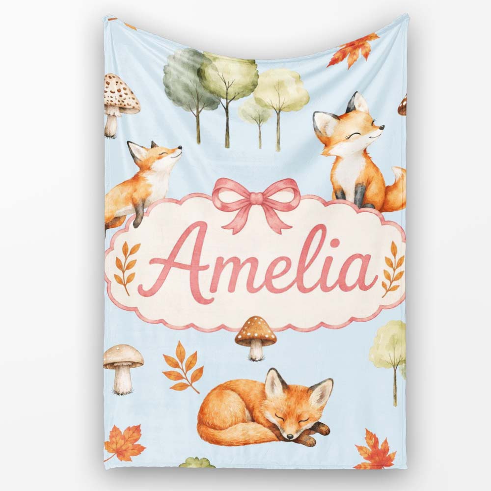 Watercolor Woodland Fox Mushroom Autumn Seamless Pattern on Blue  Personalised Custom Name Super Soft Fleece Blanket Bed Sofa Throw