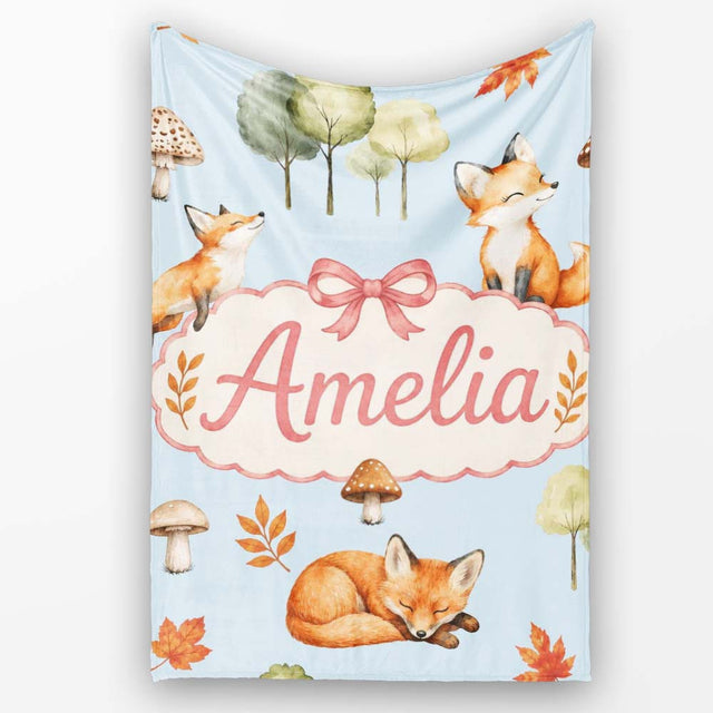Watercolor Woodland Fox Mushroom Autumn Seamless Pattern on Blue  Personalised Custom Name Super Soft Fleece Blanket Bed Sofa Throw
