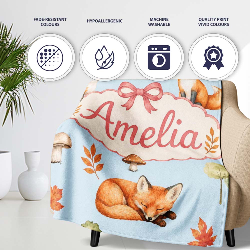 Watercolor Woodland Fox Mushroom Autumn Seamless Pattern on Blue  Personalised Custom Name Super Soft Fleece Blanket Bed Sofa Throw