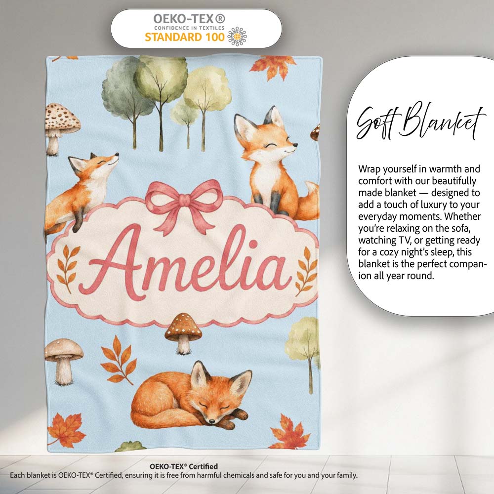 Watercolor Woodland Fox Mushroom Autumn Seamless Pattern on Blue  Personalised Custom Name Super Soft Fleece Blanket Bed Sofa Throw