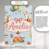 Watercolor Woodland Fox Mushroom Autumn Seamless Pattern on Blue  Personalised Custom Name Super Soft Fleece Blanket Bed Sofa Throw