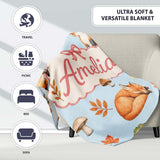 Watercolor Woodland Fox Mushroom Autumn Seamless Pattern on Blue  Personalised Custom Name Super Soft Fleece Blanket Bed Sofa Throw