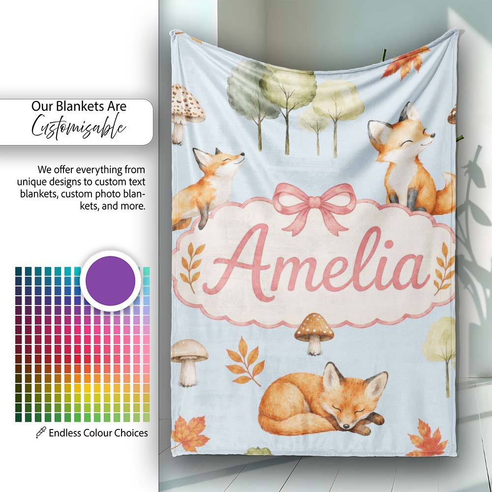 Watercolor Woodland Fox Mushroom Autumn Seamless Pattern on Blue  Personalised Custom Name Super Soft Fleece Blanket Bed Sofa Throw