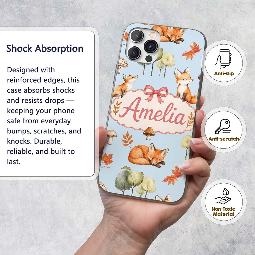 Watercolor Woodland Fox Mushroom Autumn Seamless Custom Name Protective Phone Case Mobile Cover Durable Everyday Smartphone Shock Resistant