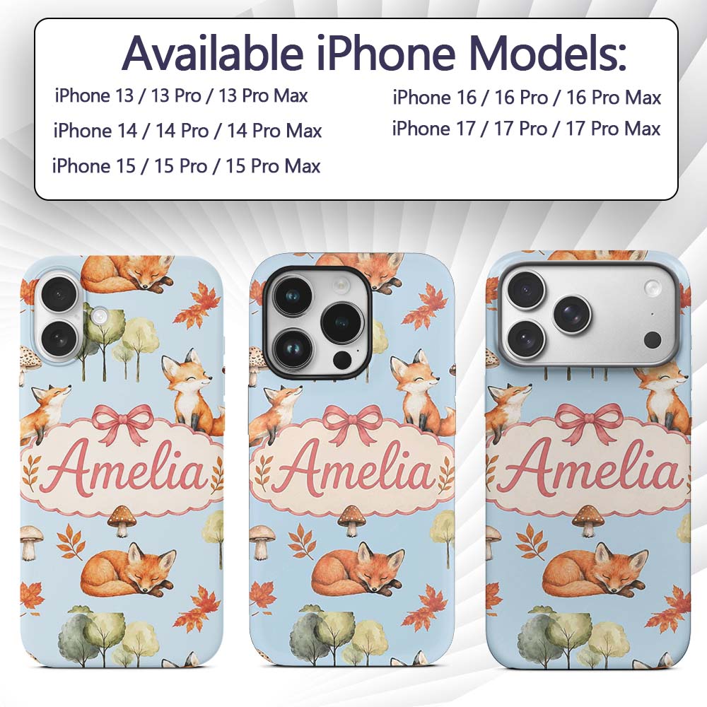 Watercolor Woodland Fox Mushroom Autumn Seamless Custom Name Protective Phone Case Mobile Cover Durable Everyday Smartphone Shock Resistant