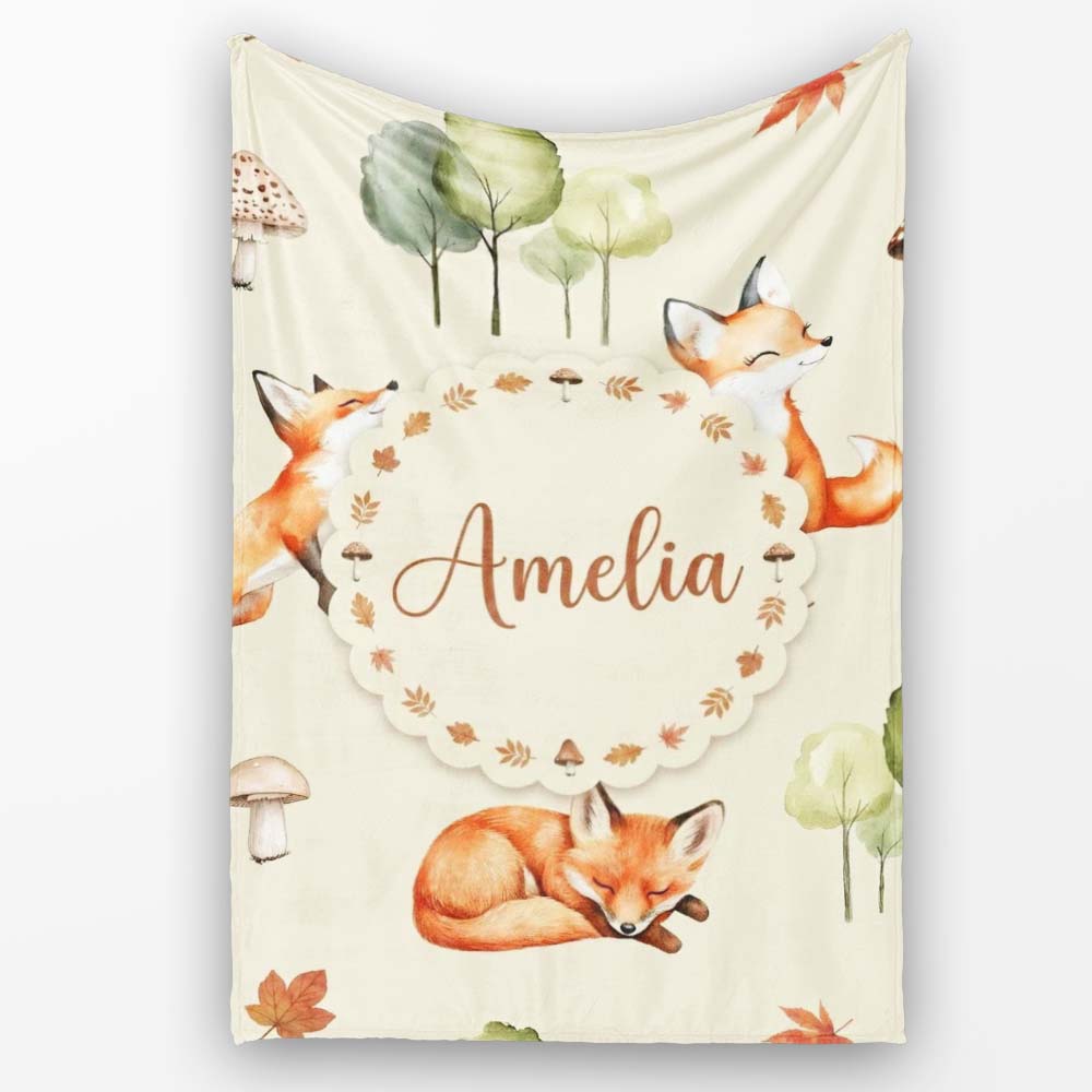 Watercolor Woodland Fox Mushroom Autumn Seamless Pattern on Beige  Personalised Custom Name Super Soft Fleece Blanket Bed Sofa Throw