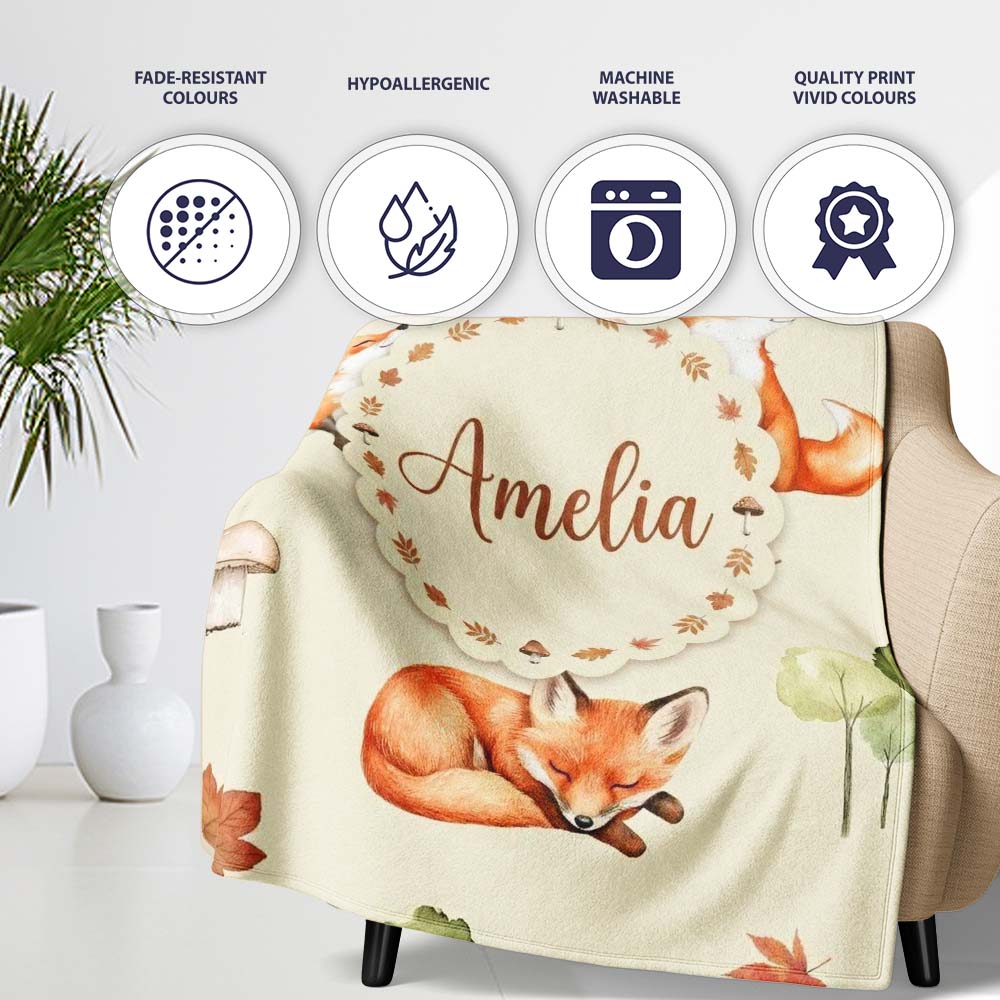 Watercolor Woodland Fox Mushroom Autumn Seamless Pattern on Beige  Personalised Custom Name Super Soft Fleece Blanket Bed Sofa Throw