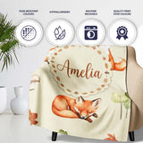 Watercolor Woodland Fox Mushroom Autumn Seamless Pattern on Beige  Personalised Custom Name Super Soft Fleece Blanket Bed Sofa Throw