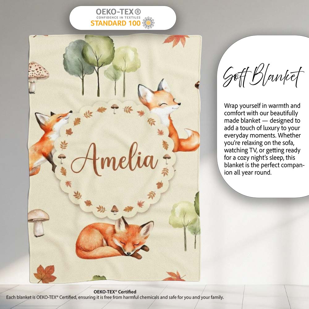 Watercolor Woodland Fox Mushroom Autumn Seamless Pattern on Beige  Personalised Custom Name Super Soft Fleece Blanket Bed Sofa Throw