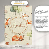 Watercolor Woodland Fox Mushroom Autumn Seamless Pattern on Beige  Personalised Custom Name Super Soft Fleece Blanket Bed Sofa Throw