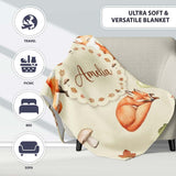 Watercolor Woodland Fox Mushroom Autumn Seamless Pattern on Beige  Personalised Custom Name Super Soft Fleece Blanket Bed Sofa Throw