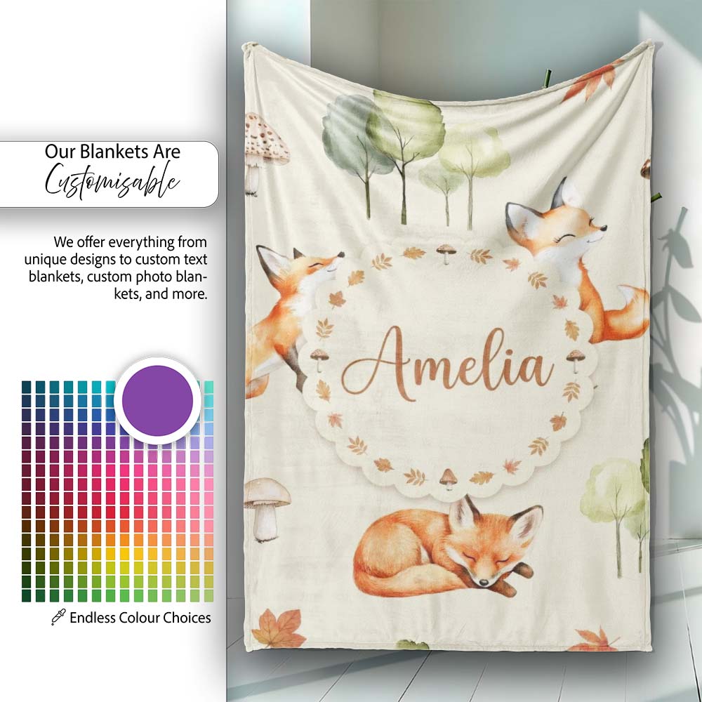 Watercolor Woodland Fox Mushroom Autumn Seamless Pattern on Beige  Personalised Custom Name Super Soft Fleece Blanket Bed Sofa Throw