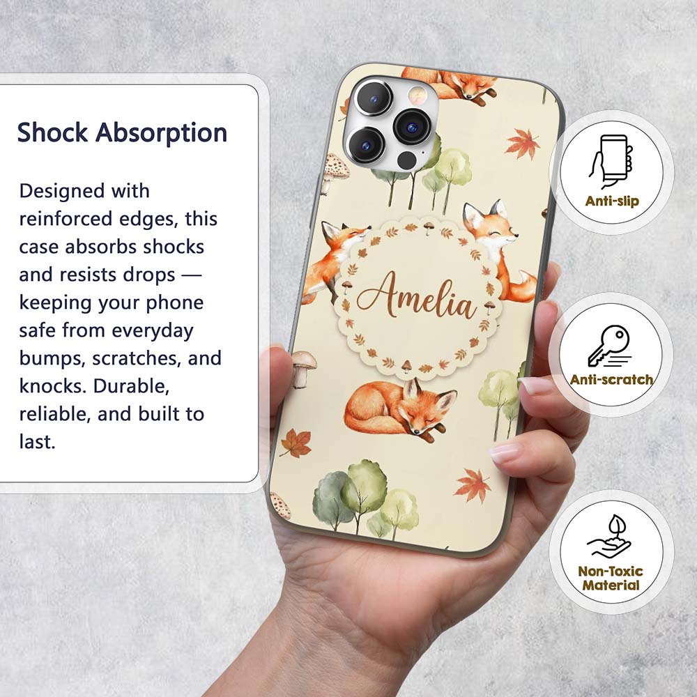 Watercolor Woodland Fox Mushroom Autumn Seamless Custom Name Protective Phone Case Mobile Cover Durable Everyday Smartphone Shock Resistant