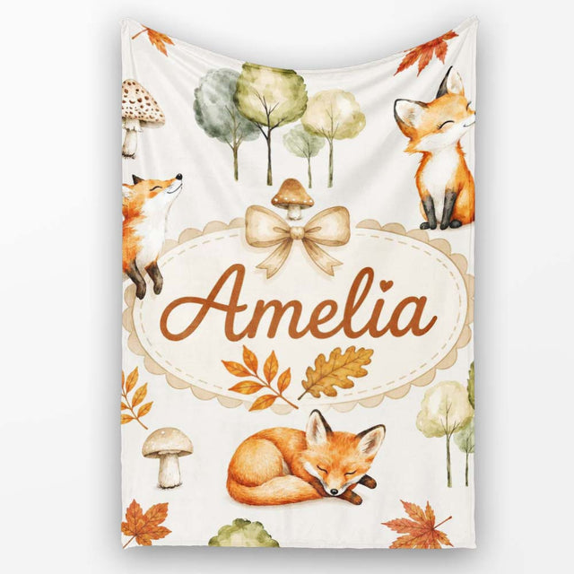 Watercolor Woodland Fox Mushroom Autumn on Light Grey Background  Personalised Custom Name Super Soft Fleece Blanket Bed Sofa Throw