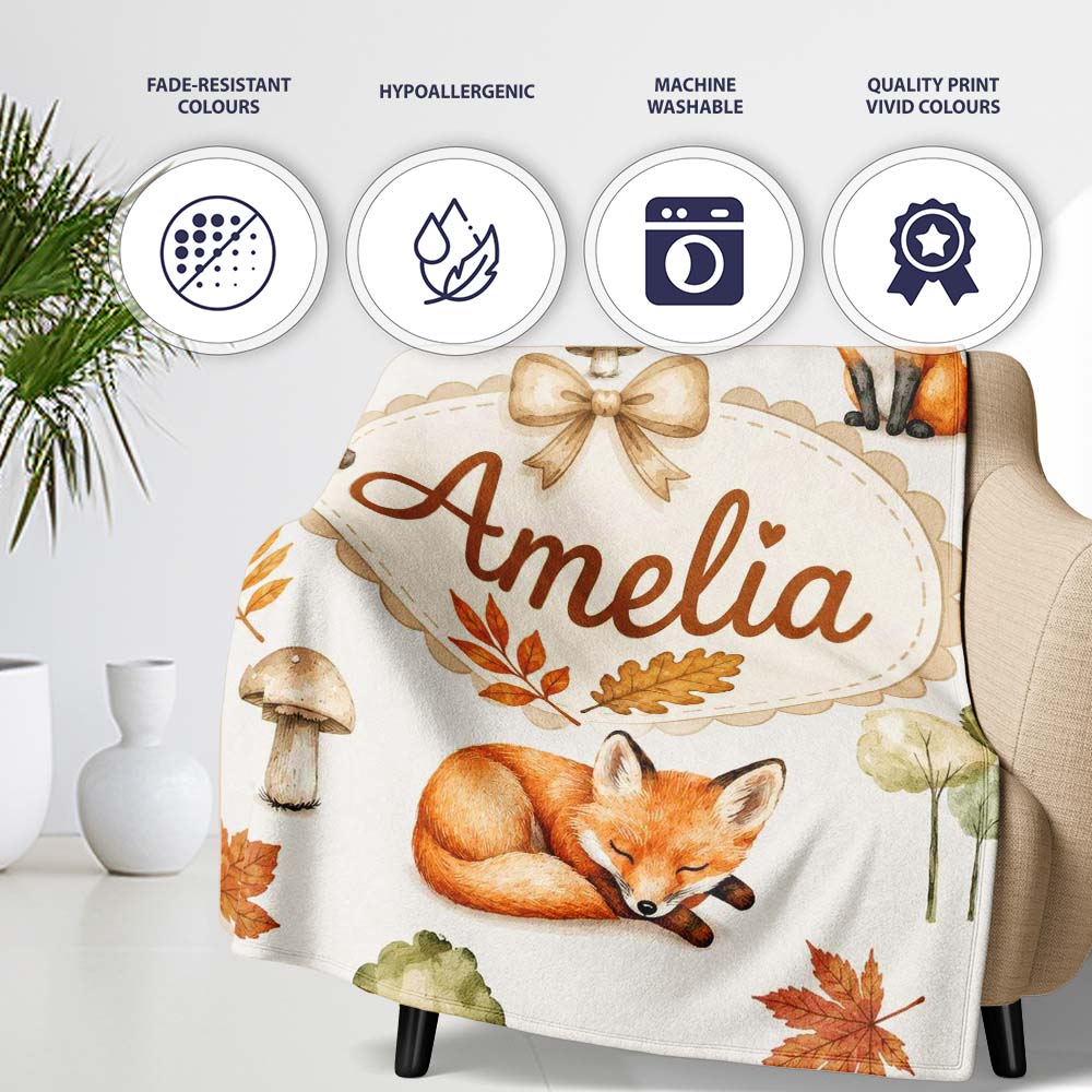 Watercolor Woodland Fox Mushroom Autumn on Light Grey Background  Personalised Custom Name Super Soft Fleece Blanket Bed Sofa Throw