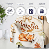 Watercolor Woodland Fox Mushroom Autumn on Light Grey Background  Personalised Custom Name Super Soft Fleece Blanket Bed Sofa Throw