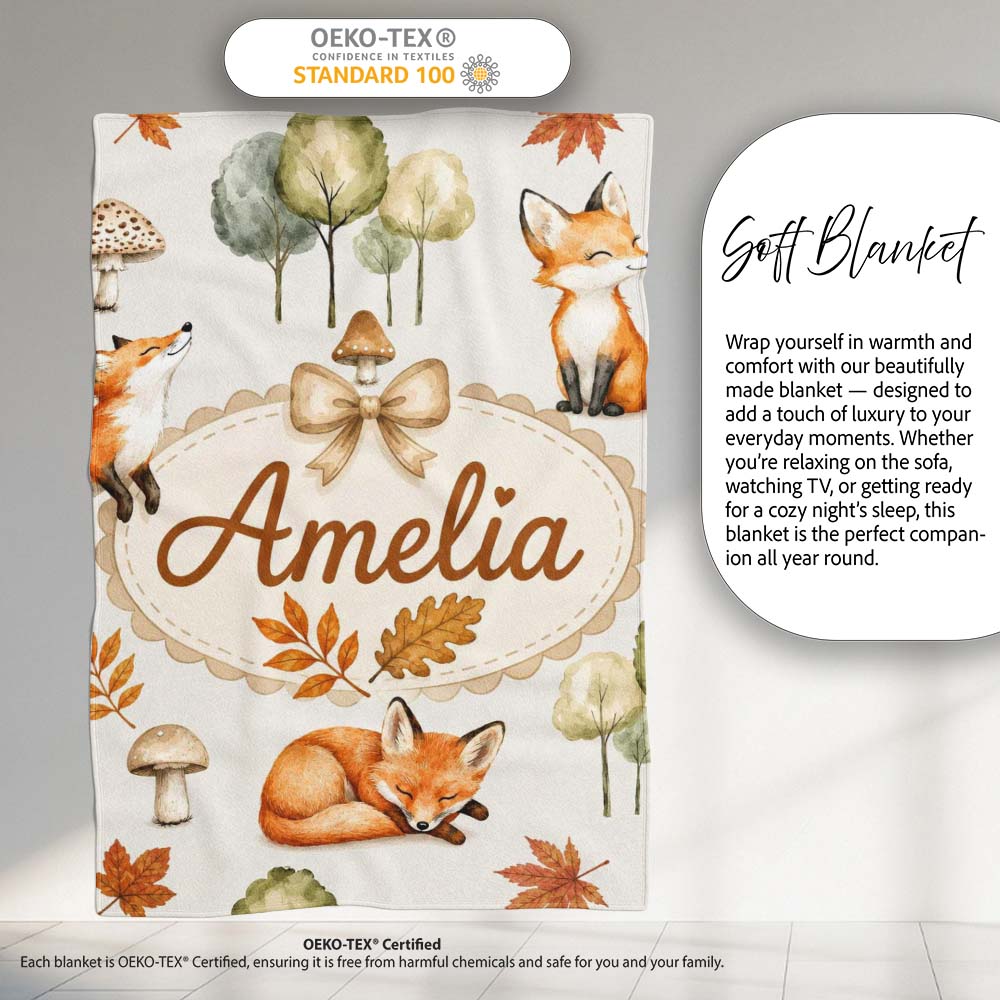 Watercolor Woodland Fox Mushroom Autumn on Light Grey Background  Personalised Custom Name Super Soft Fleece Blanket Bed Sofa Throw