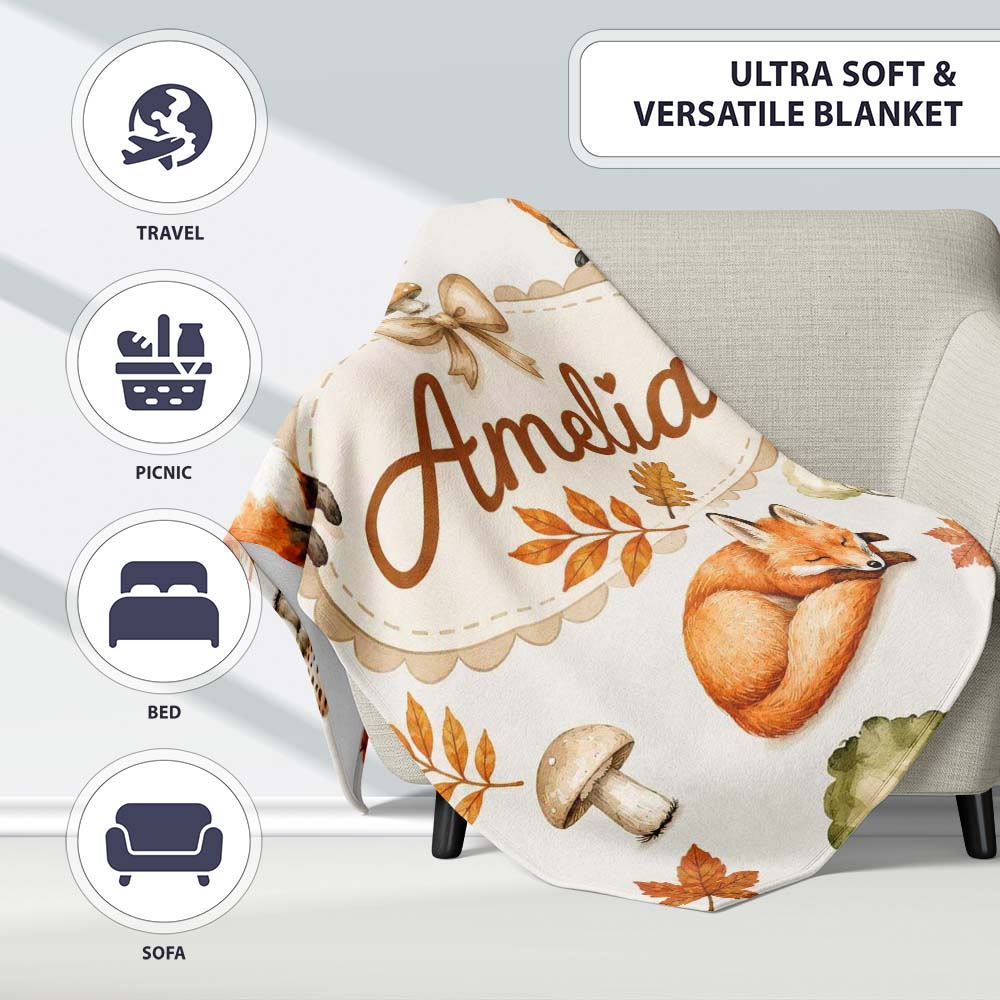 Watercolor Woodland Fox Mushroom Autumn on Light Grey Background  Personalised Custom Name Super Soft Fleece Blanket Bed Sofa Throw