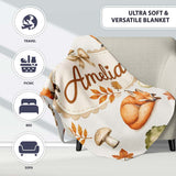 Watercolor Woodland Fox Mushroom Autumn on Light Grey Background  Personalised Custom Name Super Soft Fleece Blanket Bed Sofa Throw