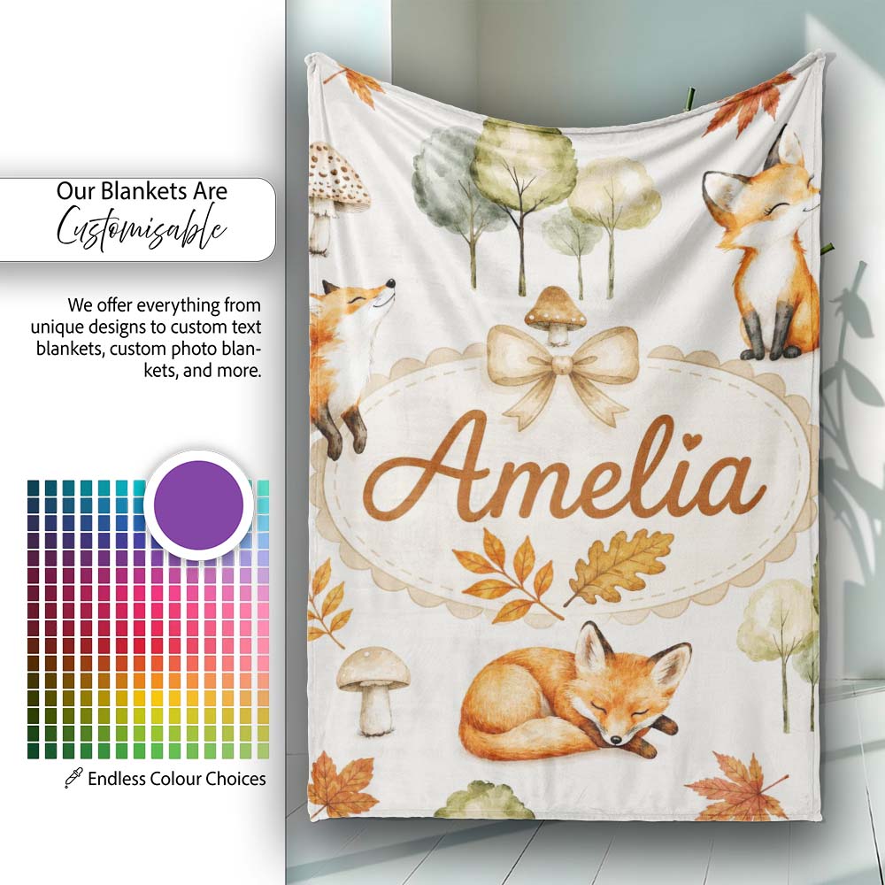 Watercolor Woodland Fox Mushroom Autumn on Light Grey Background  Personalised Custom Name Super Soft Fleece Blanket Bed Sofa Throw