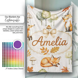 Watercolor Woodland Fox Mushroom Autumn on Light Grey Background  Personalised Custom Name Super Soft Fleece Blanket Bed Sofa Throw