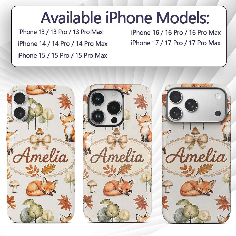 Watercolor Woodland Fox Mushroom Autumn on Light Custom Name Protective Phone Case Mobile Cover Durable Everyday Smartphone Shock Resistant