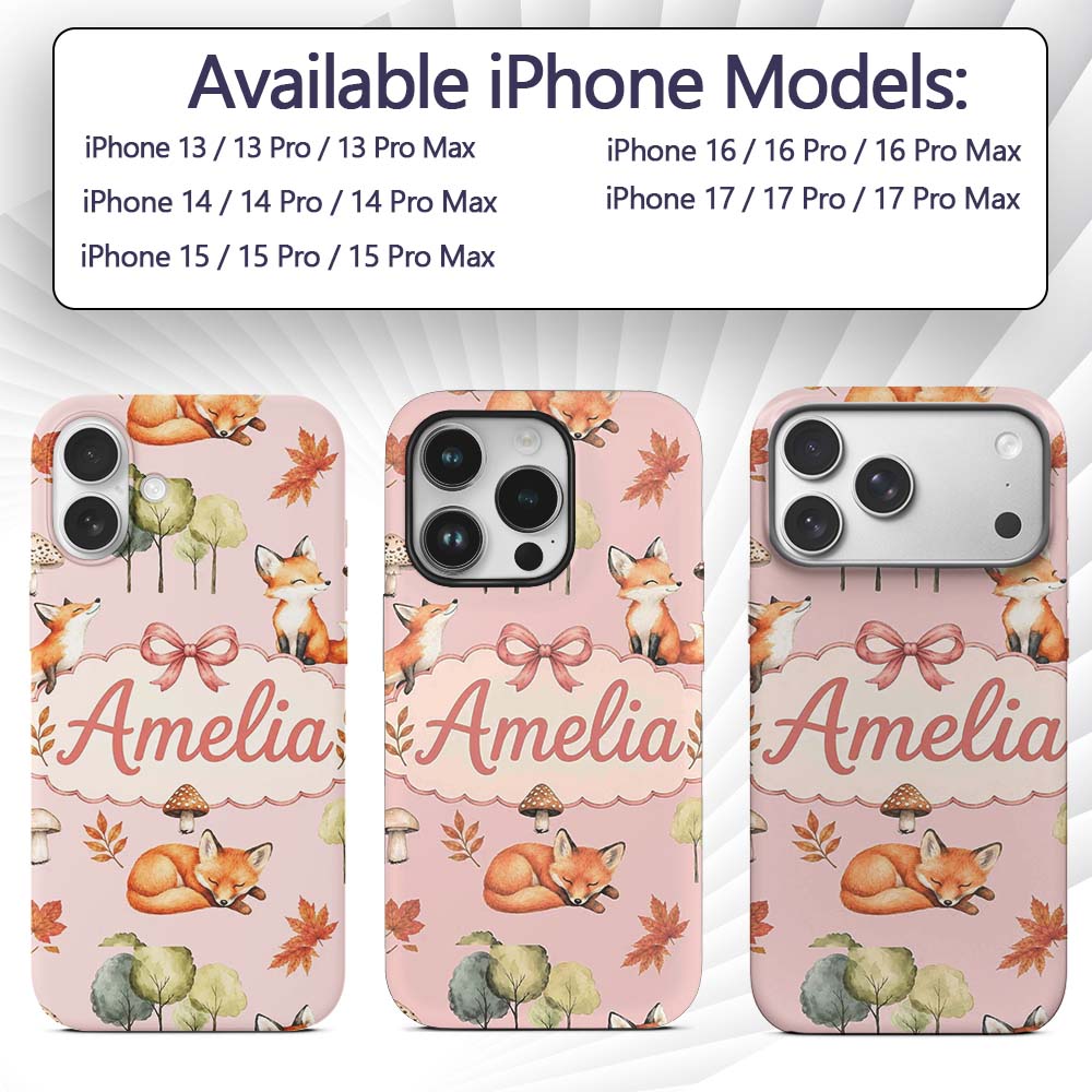 Watercolor Woodland Fox Mushroom Autumn on Blush Custom Name Protective Phone Case Mobile Cover Durable Everyday Smartphone Shock Resistant