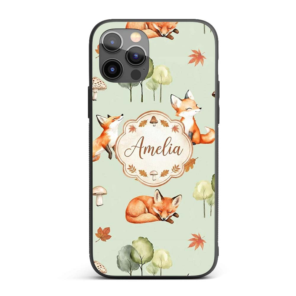 Watercolor Woodland Fox Mushroom Autumn on Sage Custom Name Protective Phone Case Mobile Cover Durable Everyday Smartphone Shock Resistant