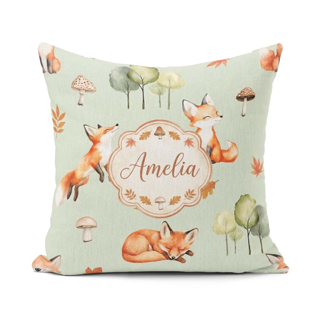 Custom Name Watercolor Woodland Fox Mushroom on Green Background Square Filled Cushion Throw Pillow Sofa Bed Home Decor Zip Washable UK Made