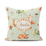 Custom Name Watercolor Woodland Fox Mushroom on Green Background Square Filled Cushion Throw Pillow Sofa Bed Home Decor Zip Washable UK Made