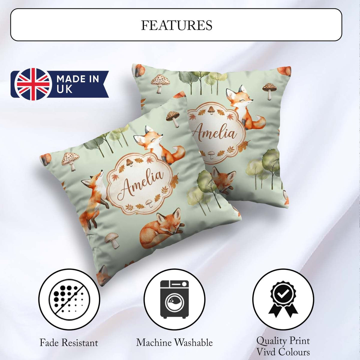 Custom Name Watercolor Woodland Fox Mushroom on Green Background Square Filled Cushion Throw Pillow Sofa Bed Home Decor Zip Washable UK Made