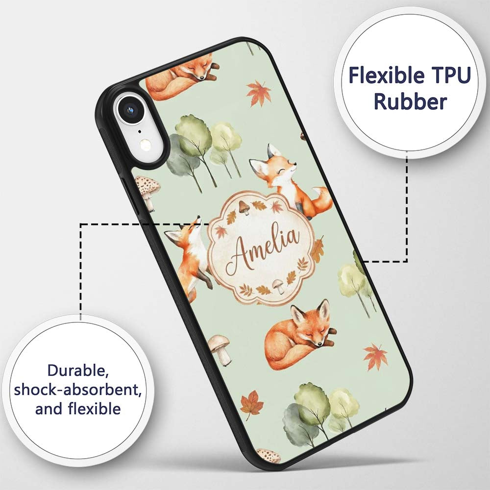 Watercolor Woodland Fox Mushroom Autumn on Sage Custom Name Protective Phone Case Mobile Cover Durable Everyday Smartphone Shock Resistant